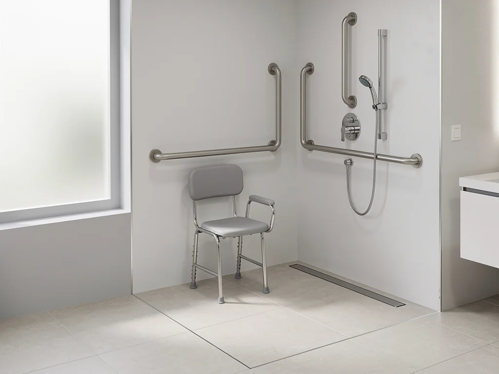 Douche PMR avec barres d'appui murales et siège rabattable