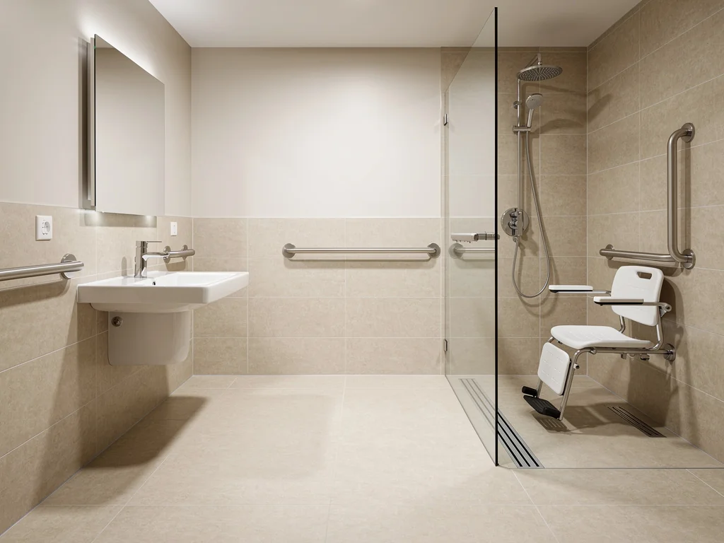 Salle de bain accessible en fauteuil roulant avec espace de rotation dégagé