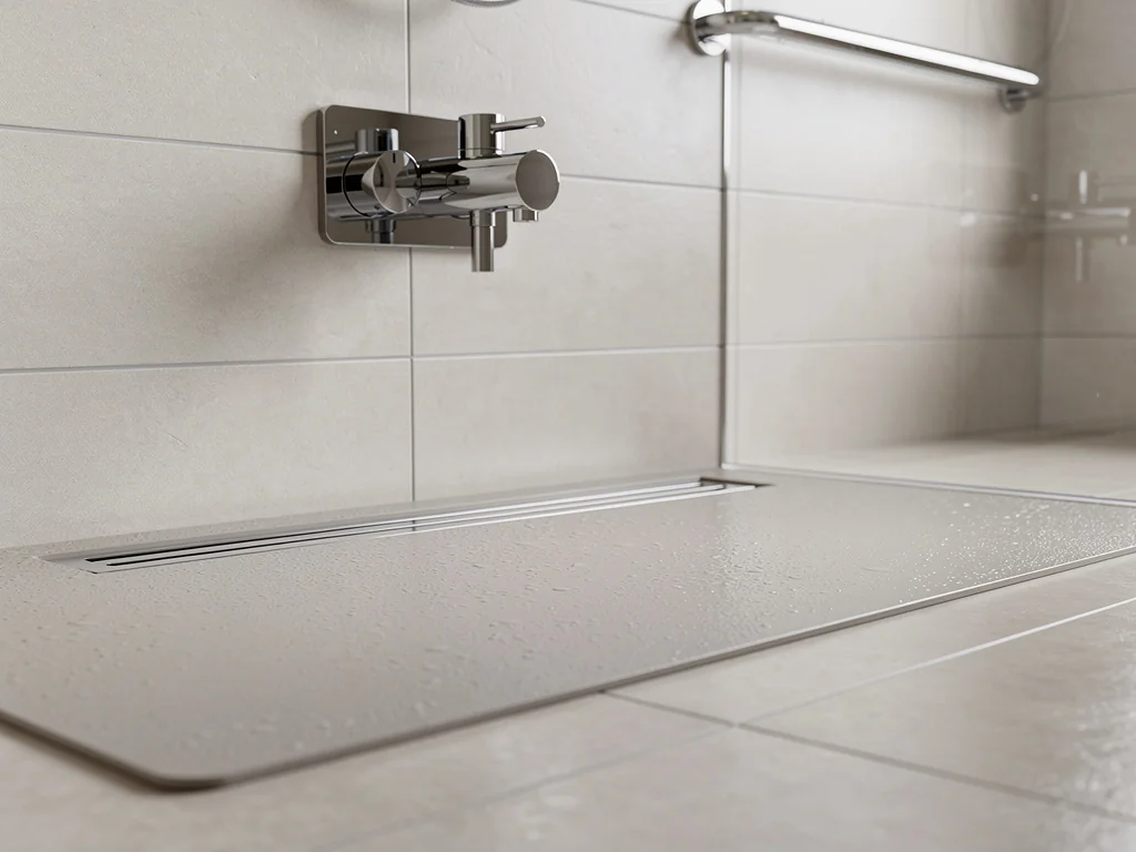 Receveur extra-plat à drain linéaire et mitigeur thermostatique à portée de main
