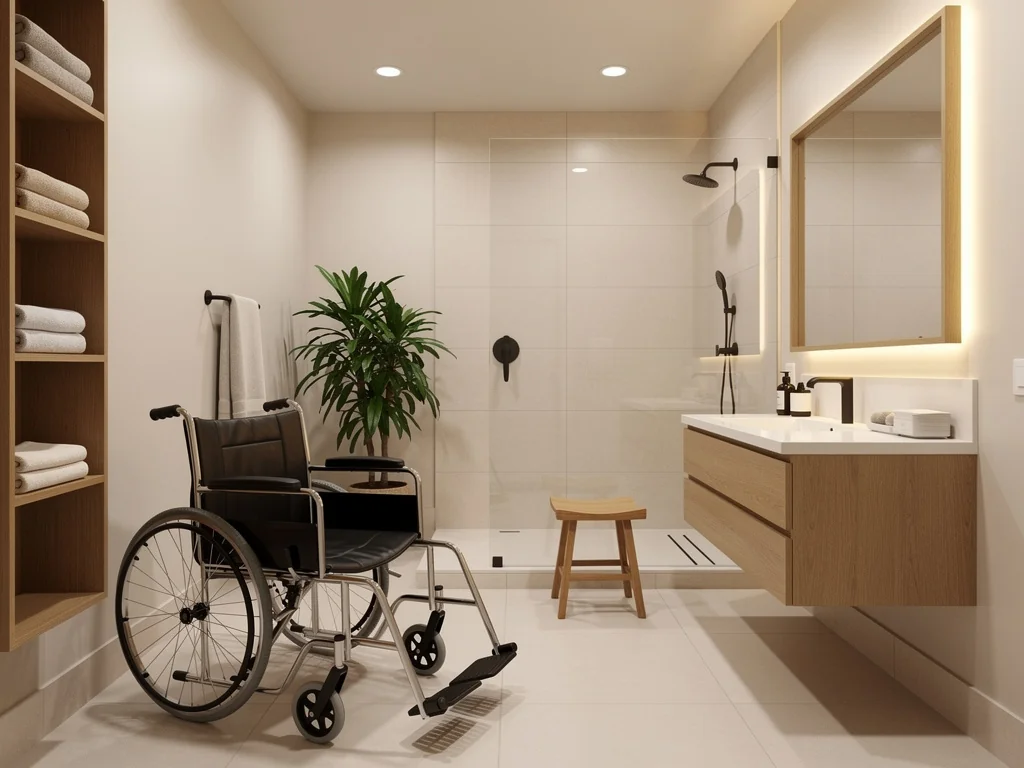 Salle de bain accessible rénovée, chaleureuse, avec douche ouverte de plain-pied